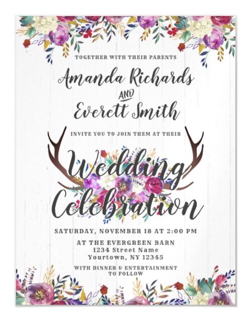 Floral Deer Antler Magnetic Wedding Invitation