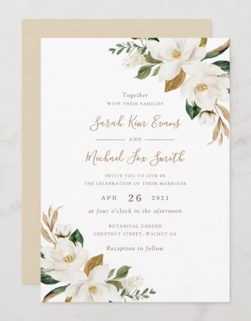 Floral Elegant Magnolia Beige Neutral Wedding Invitation