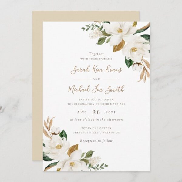 Floral Elegant Magnolia Beige Neutral Wedding Invitation