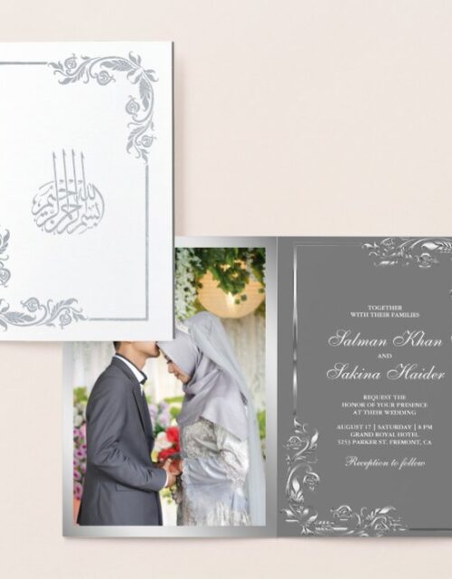 Floral Islamic Photo Muslim Wedding Silver Foil Card