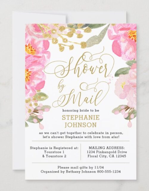 Floral Pink and Gold Virtual Bridal Shower by Mail Invitation
