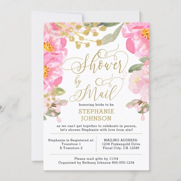 Floral Pink and Gold Virtual Bridal Shower by Mail Invitation