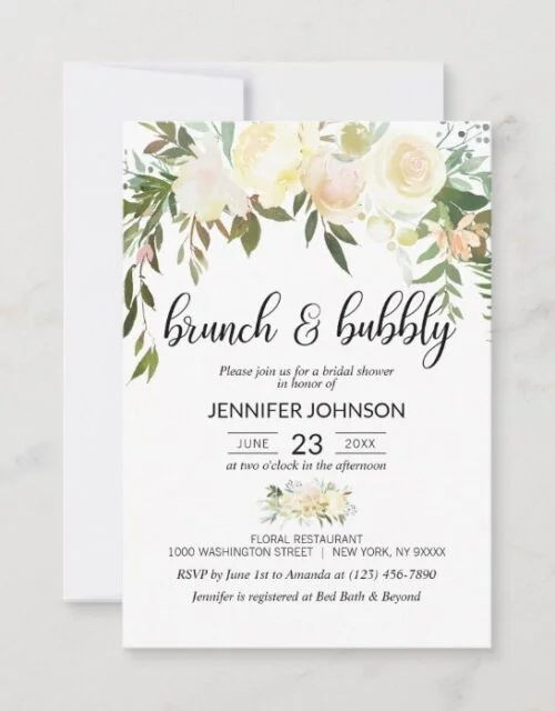 Floral Pink Ivory Brunch & Bubbly Bridal Shower Invitation