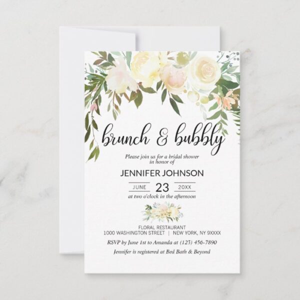 Floral Pink Ivory Brunch & Bubbly Bridal Shower Invitation