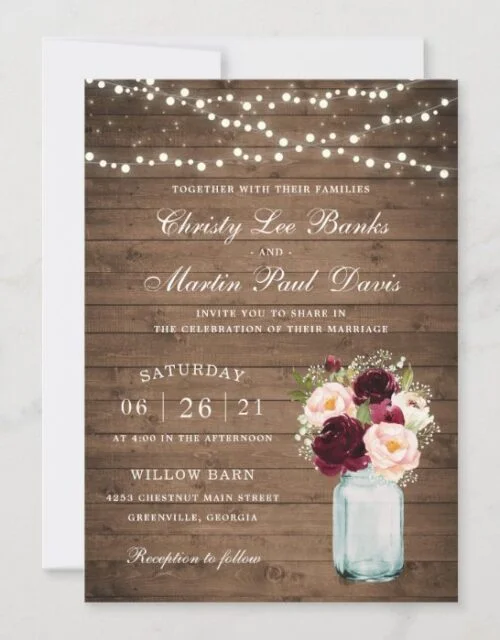 Floral Rustic Wood Blush Burgundy Mason Jar Invitation