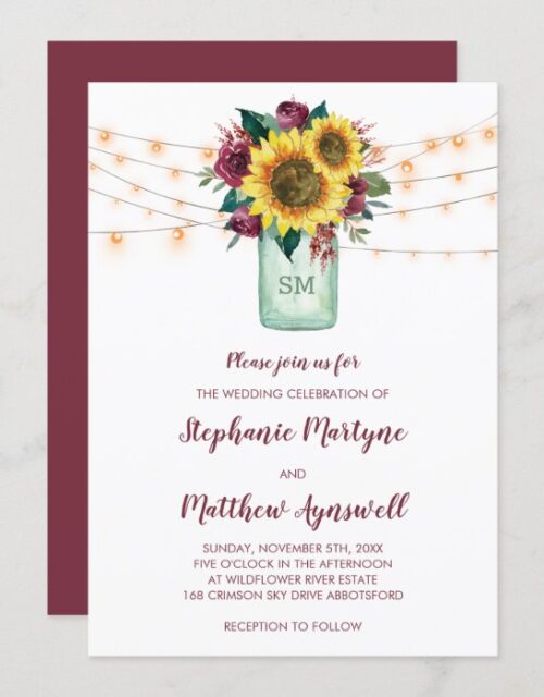 Floral Sunflower Burgundy Rose Lights Jar Wedding Invitation