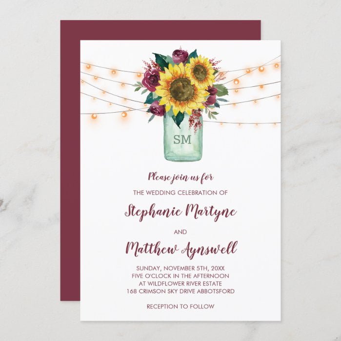 Floral Sunflower Burgundy Rose Lights Jar Wedding Invitation
