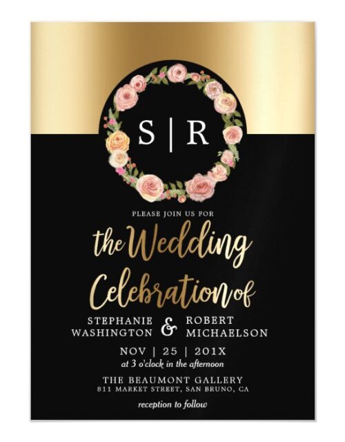 Floral Watercolor Wreath Gold & Black Wedding Magnetic Invitation