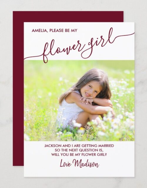 Flower Girl Burgundy and White Photo Proposal Card