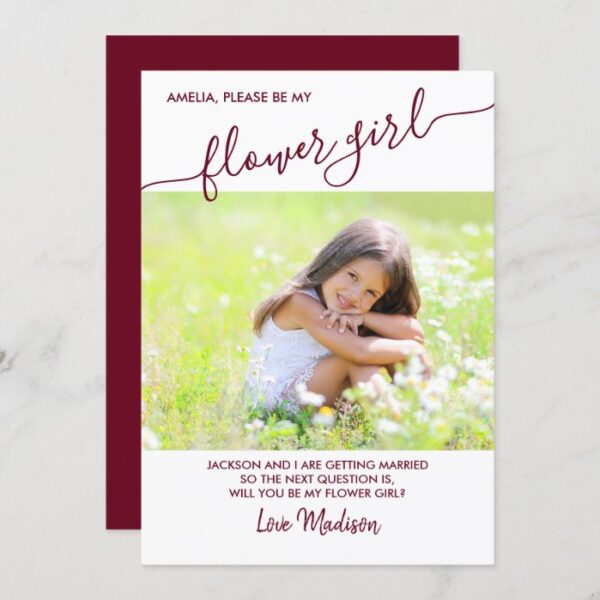 Flower Girl Burgundy and White Photo Proposal Card