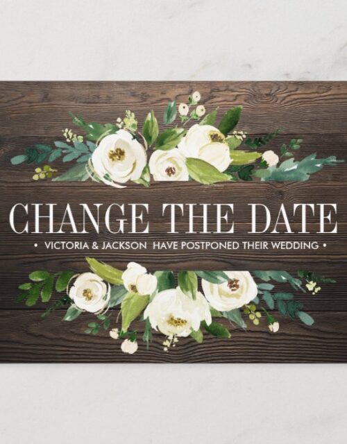 Flowers wood WEDDING CHANGE THE DATE POSTPONEMENT Announcement Postcard