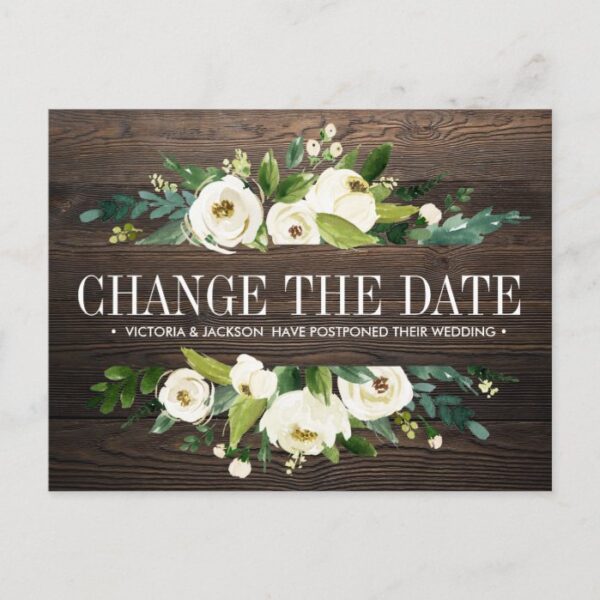 Flowers wood WEDDING CHANGE THE DATE POSTPONEMENT Announcement Postcard