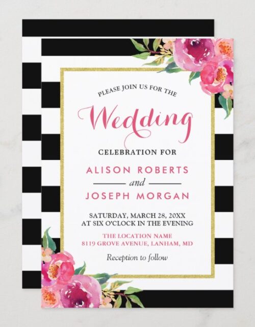 Fuchsia Raspberry Floral Stripes Modern Wedding Invitation