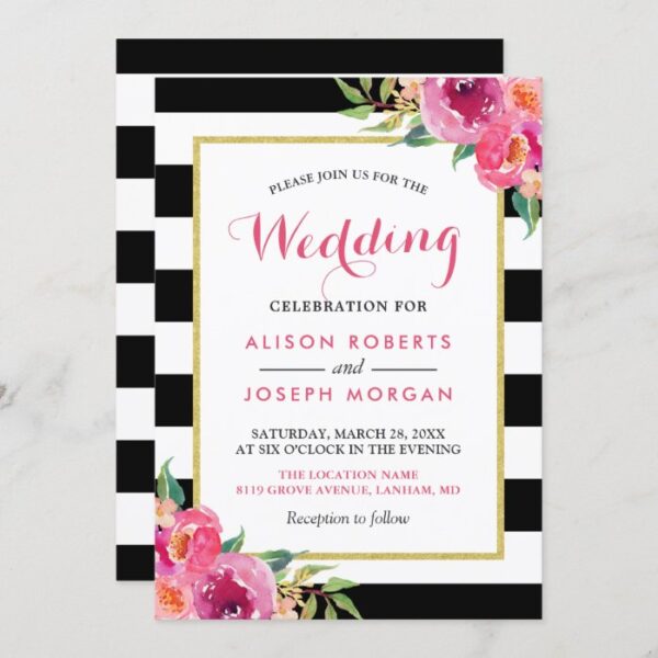 Fuchsia Raspberry Floral Stripes Modern Wedding Invitation