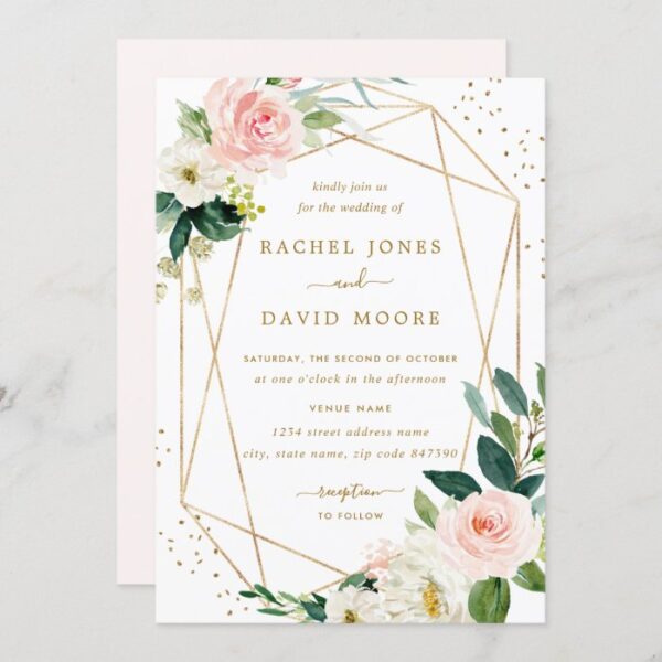 Geometric Blush Gold Floral Wedding Invitation