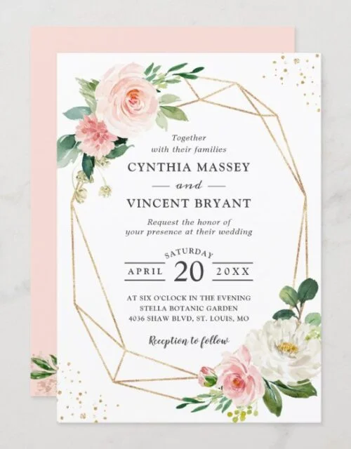 Geometric Elegance Blush Pink Floral Wedding Invitation
