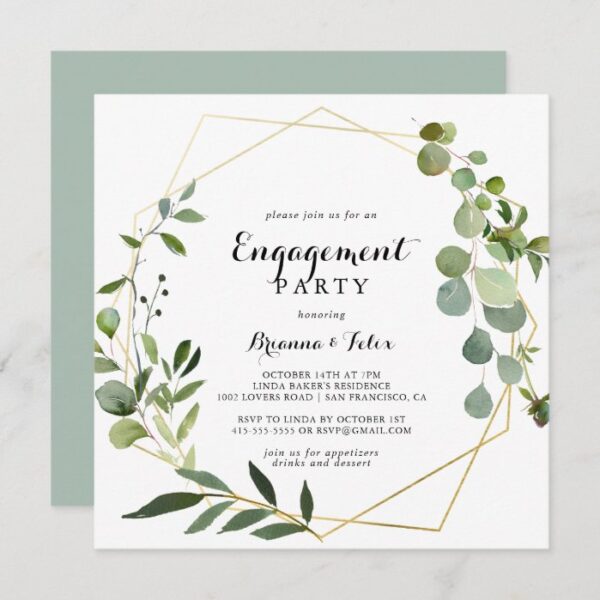 Geometric Gold Tropical Green Engagement Party Invitation