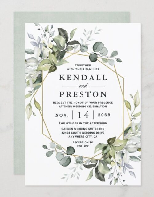 Geometric Greenery Modern Gold Succulent Wedding Invitation