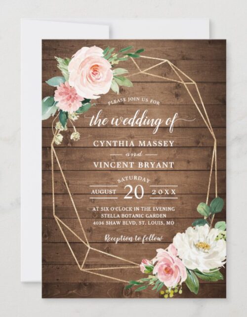 Geometric Rustic Romance Blush Floral Wedding Invitation