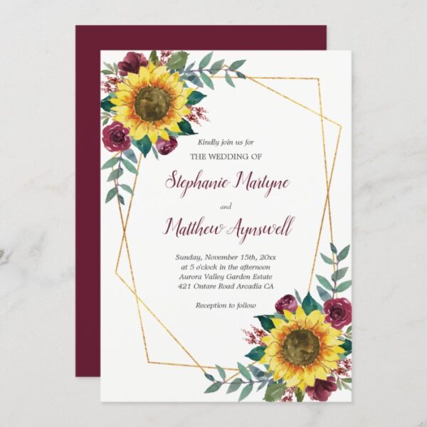 Geometric Sunflower Burgundy Roses Floral Wedding Invitation