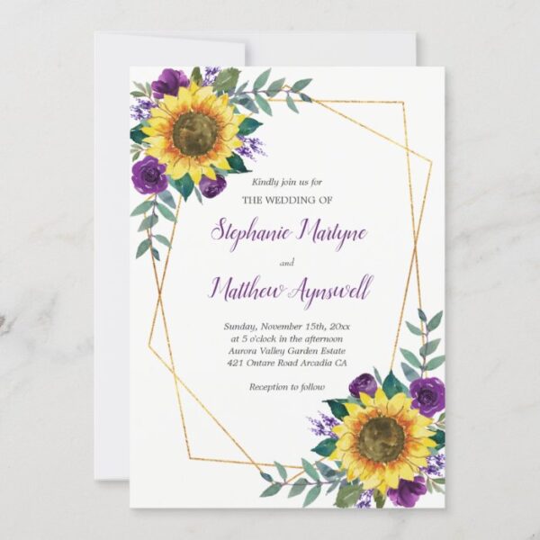 Geometric Sunflower Purple Roses Floral Wedding Invitation