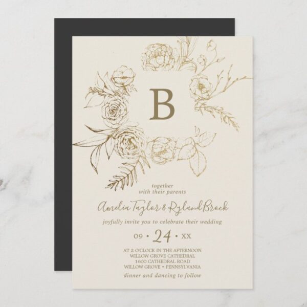 Gilded Floral | Cream and Gold Monogram Wedding Invitation