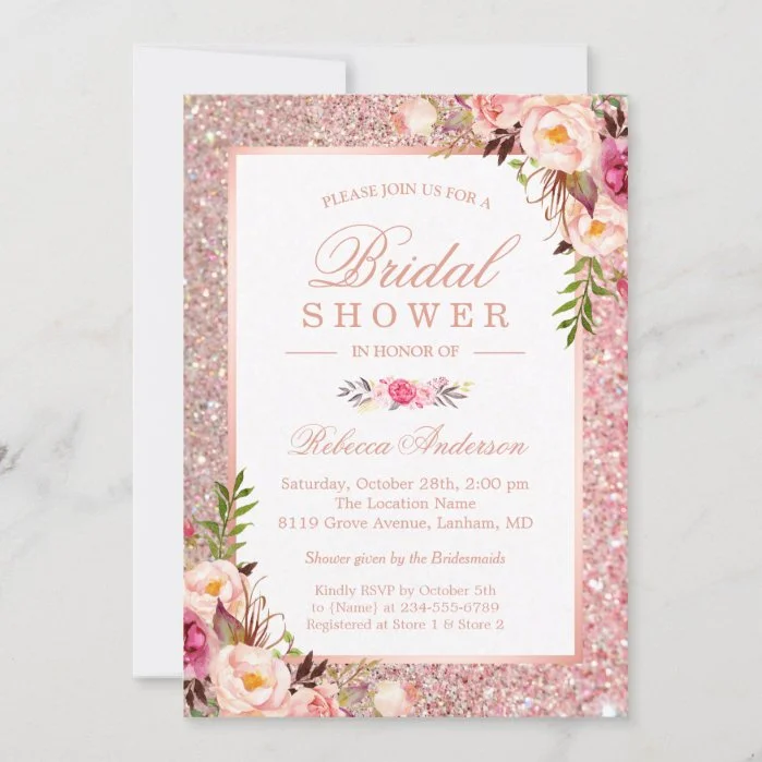 Girly Rose Gold Glitter Pink Floral Bridal Shower Invitation