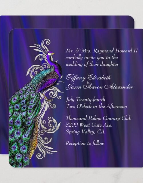Glam Purple Satin and Peacock Wedding Invitation