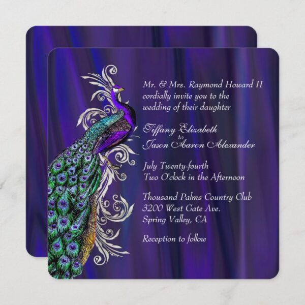 Glam Purple Satin and Peacock Wedding Invitation