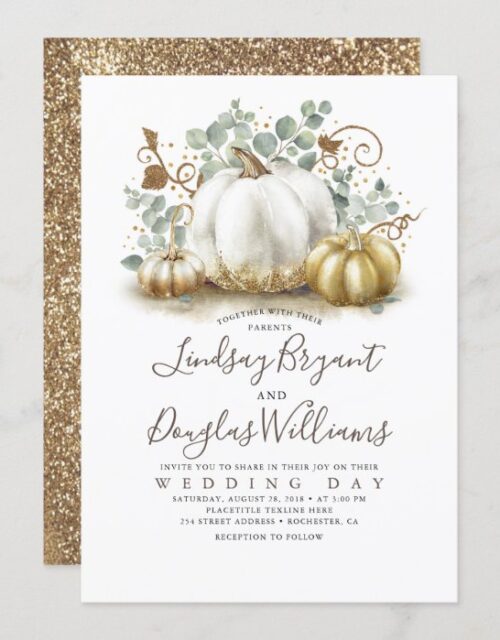 Gold and White Pumpkins Rustic Modern Fall Wedding Invitation