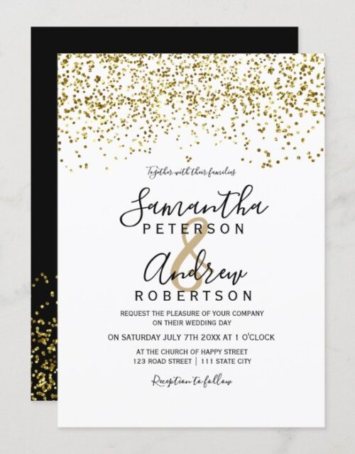 Gold confetti black white typography wedding invitation
