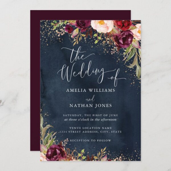 Gold Dust Burgundy Navy Floral Watercolor Wedding Invitation