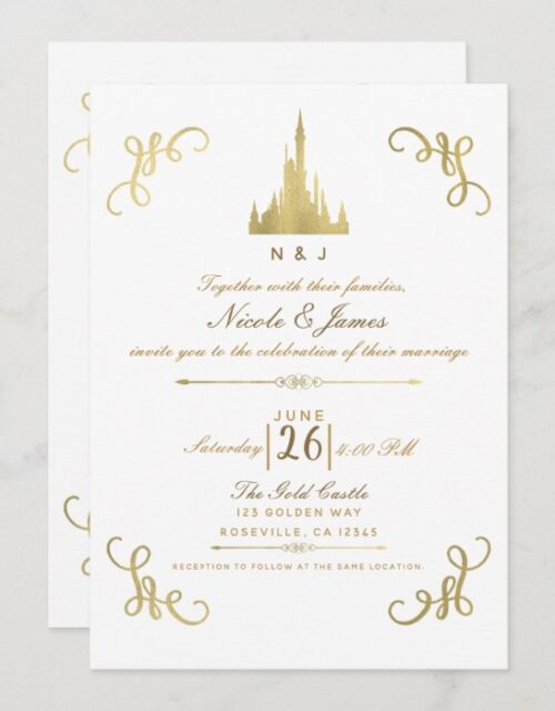 Gold Faux Foil Princess Castle Storybook Wedding Invitation