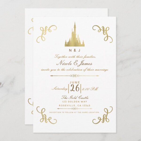 Gold Faux Foil Princess Castle Storybook Wedding Invitation