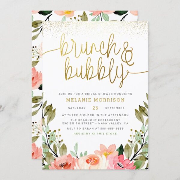 Gold Floral Brunch & Bubbly Bridal Shower Invitation