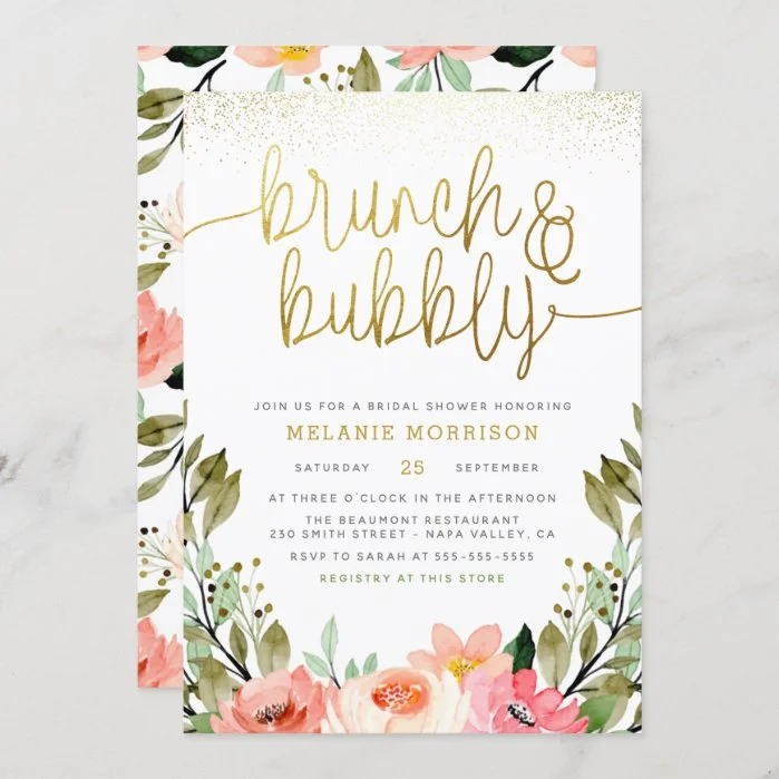Gold Floral Brunch & Bubbly Bridal Shower Invitation