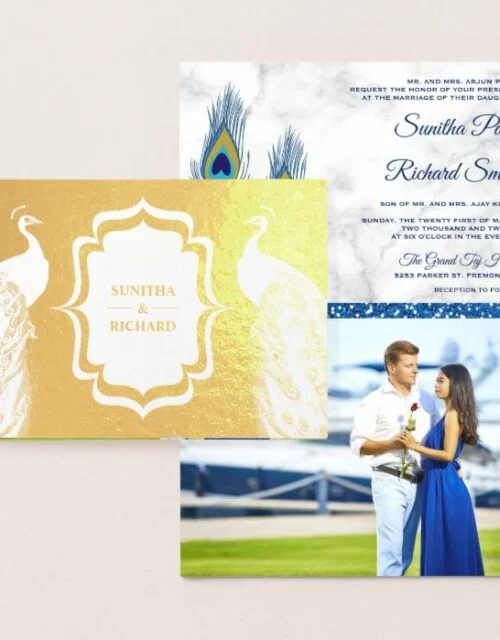 Gold Foil Blue Peacock Feathers Wedding Invitation