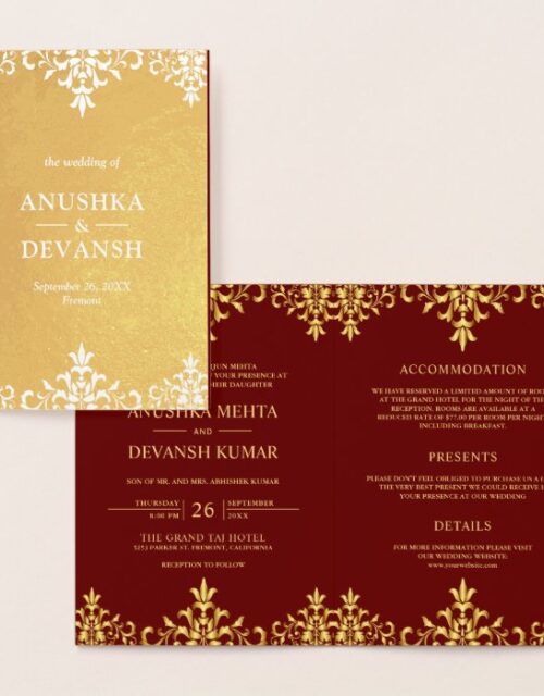 Gold Foil Damask Indian Style Wedding Invitation