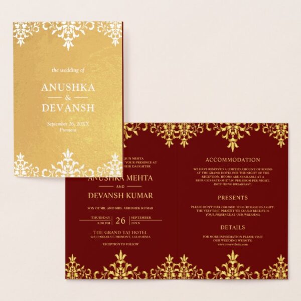 Gold Foil Damask Indian Style Wedding Invitation