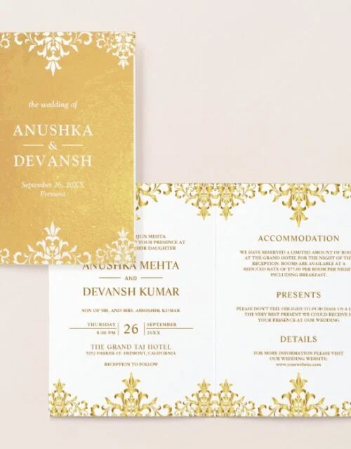 Gold Foil Damask Indian Style Wedding Invitation