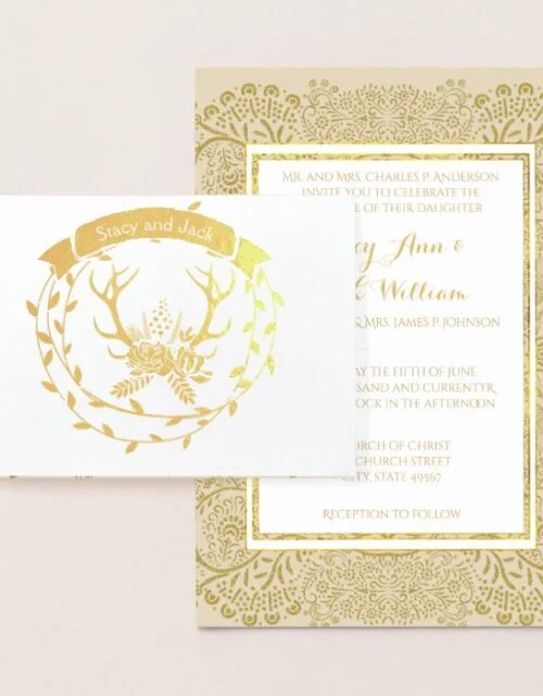 Gold Foil Deer Antler Wreath Wedding Invitations