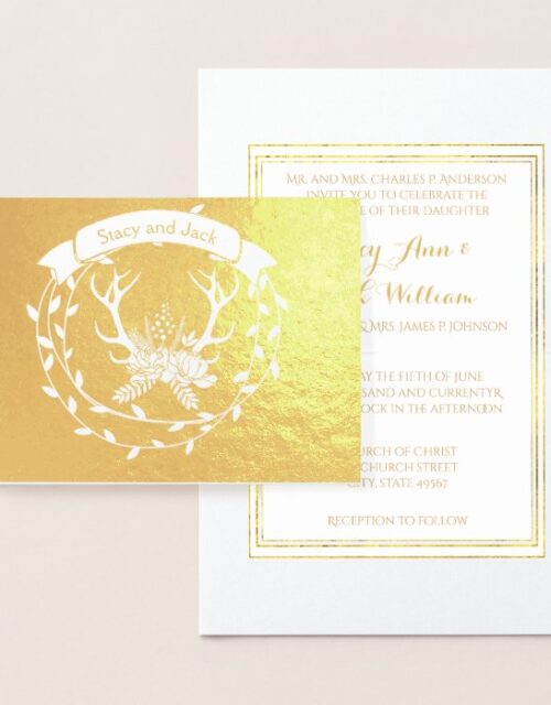 Gold Foil Deer Antler Wreath Wedding Invitations