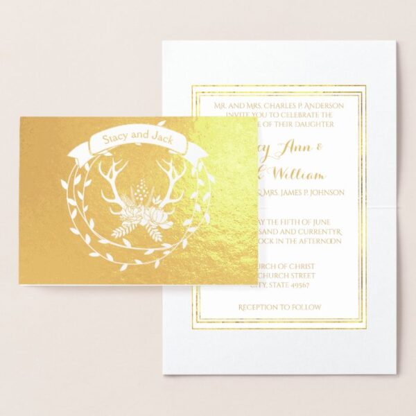 Gold Foil Deer Antler Wreath Wedding Invitations