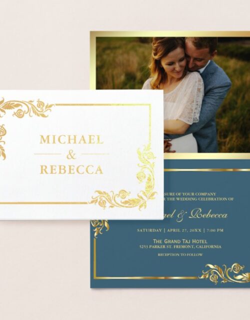Gold Foil Floral Photo Blue Wedding Invitation
