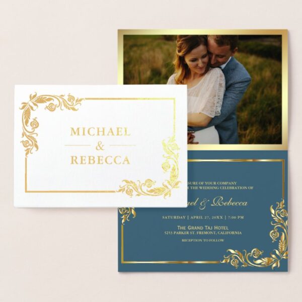 Gold Foil Floral Photo Blue Wedding Invitation