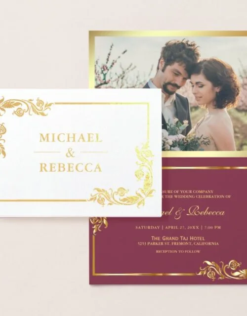 Gold Foil Floral Photo Pink Wedding Invitation