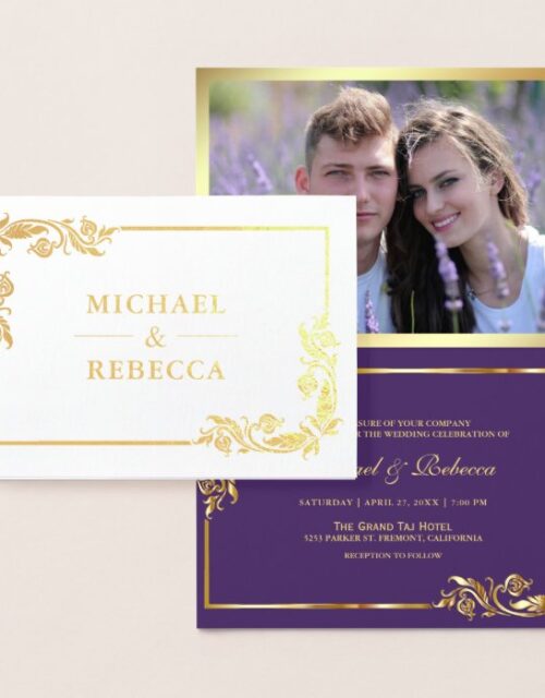 Gold Foil Floral Photo Purple Wedding Invitation