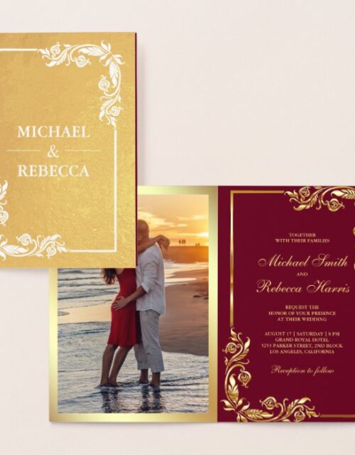 Gold Foil Floral Photo Red Wedding Invitation