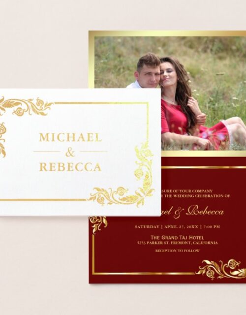 Gold Foil Floral Photo Red Wedding Invitation