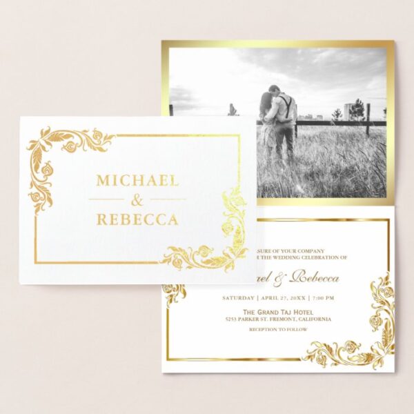 Gold Foil Floral Photo White Wedding Invitation
